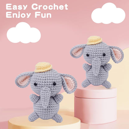 Beginner's Crochet Kit: DIY Elephant Crochet Set with Step-by-Step Video Tutorials - Ideal Knitting Gift for Kids and Adults