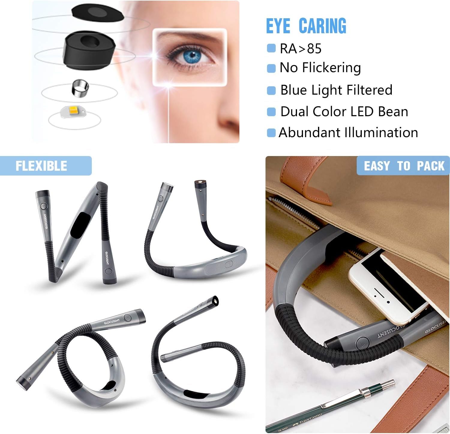 Rechargeable Book Light with 3 Color Temperatures and Flexible Neck - 80 Hours of Use for Reading, Knitting, Camping, and Repairing - Ideal Gift for Avid Readers