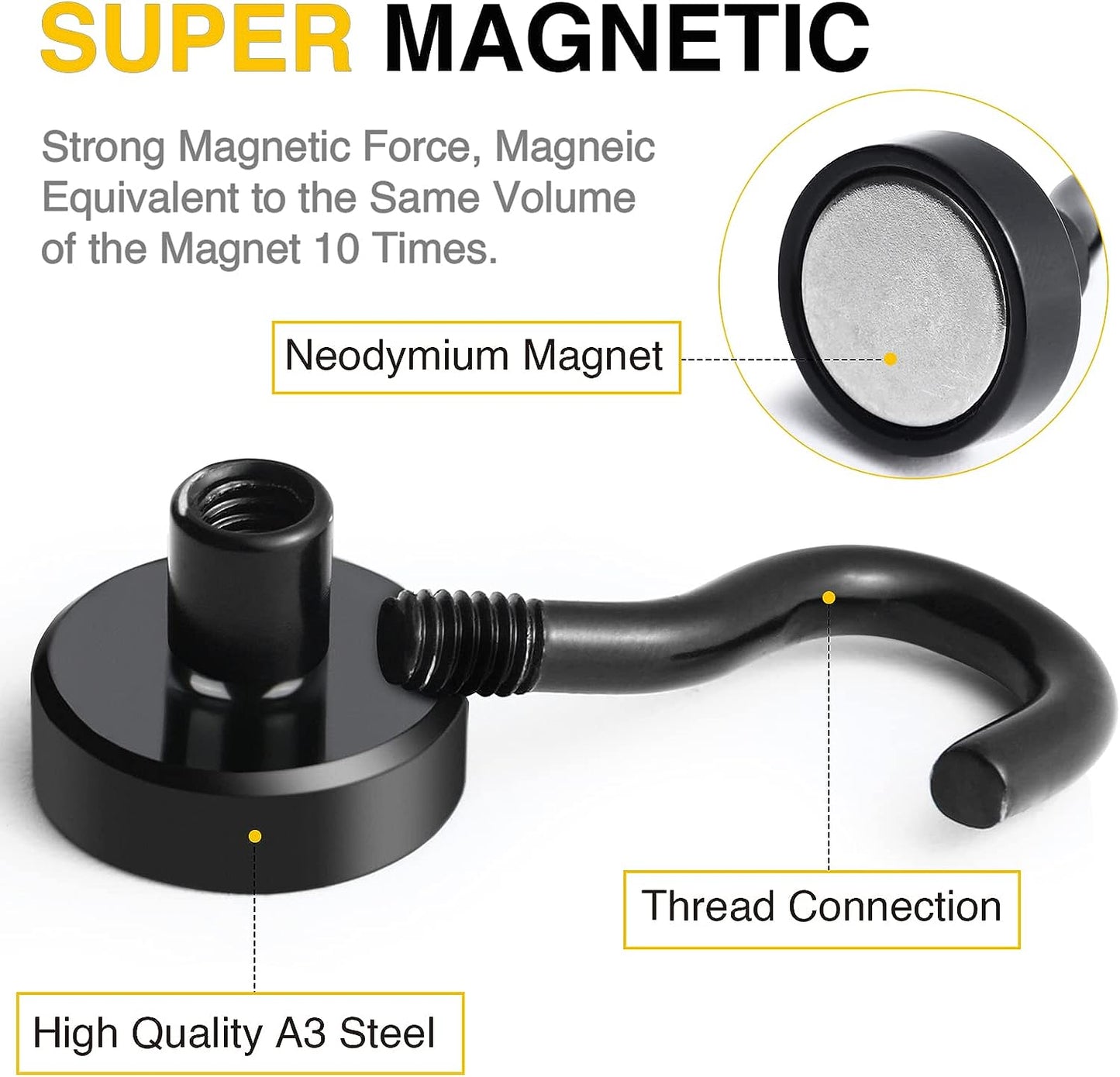 Heavy-Duty Black Magnetic Utility Hooks - 25 lbs Capacity Rare Earth Neodymium Magnet with Nickel Coating, Set of 6 for Kitchen, Office, Classroom, and Garage Use