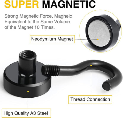 Heavy-Duty Black Magnetic Utility Hooks - 25 lbs Capacity Rare Earth Neodymium Magnet with Nickel Coating, Set of 6 for Kitchen, Office, Classroom, and Garage Use
