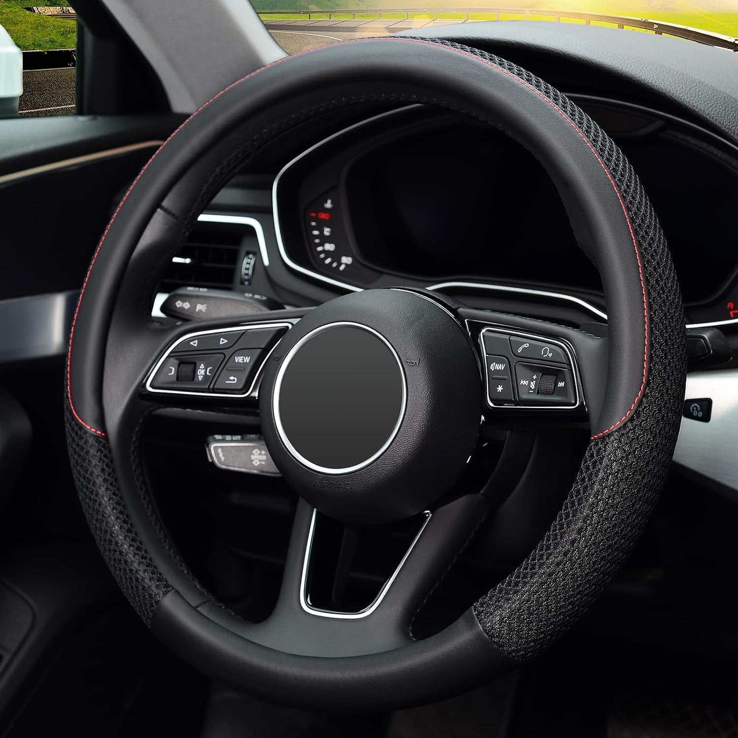 Universal 15-Inch Microfiber Leather Steering Wheel Cover - Breathable, Anti-Slip, Temperature Regulating (Black)