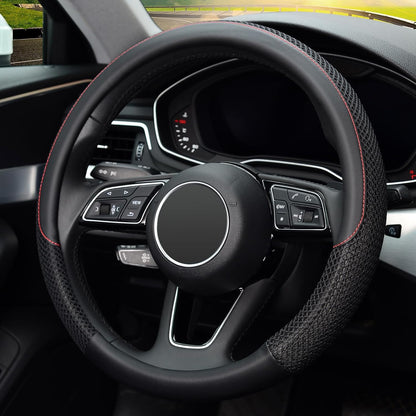 Universal 15-Inch Microfiber Leather Steering Wheel Cover - Breathable, Anti-Slip, Temperature Regulating (Black)