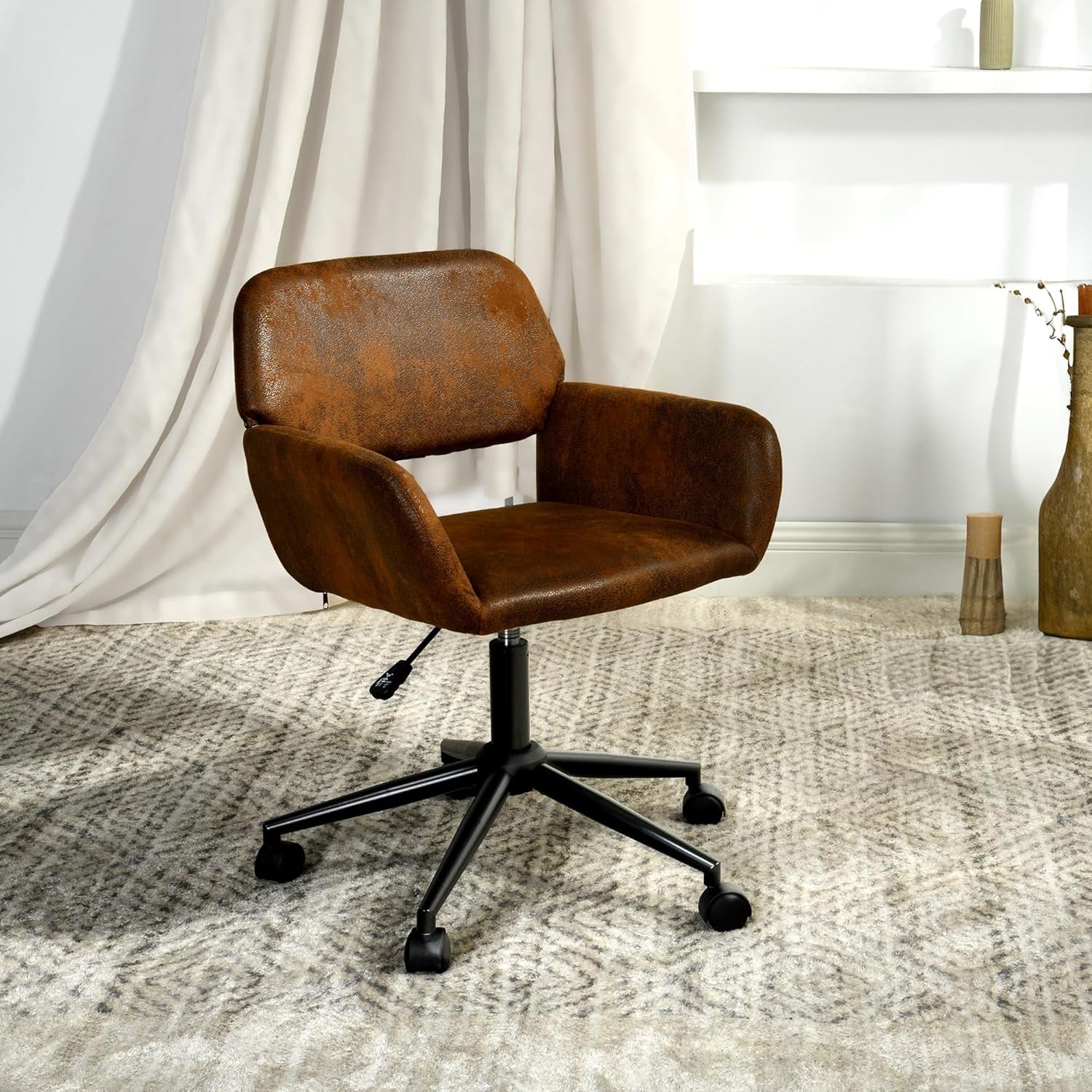 Ergonomic Swivel Desk Chair with Armrests - Adjustable Height Upholstered Task Chair for Home Office and Vanity, Brown Suede