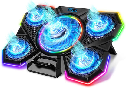 Laptop Cooling Pad for Gaming, Featuring 5 Silent Fans and LED Lighting, Compatible with 12-17 Inch Laptops, 7 Adjustable Height Settings