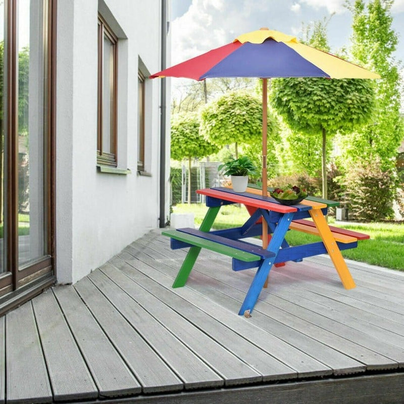Outdoor Children's Picnic Table Bench Set with Removable Umbrella for Four Seats