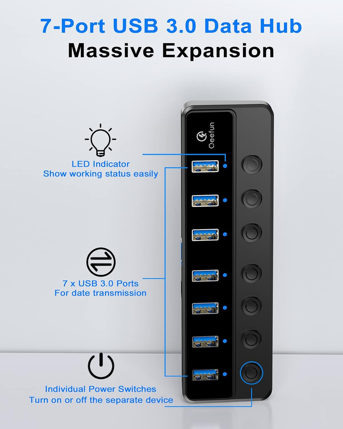 7-Port USB 3.0 Hub with 12V/2A Power Adapter and Individual LED Power Switches for Mini PC, Notebook, Surface Pro, MacBook Pro/Air M1/M2