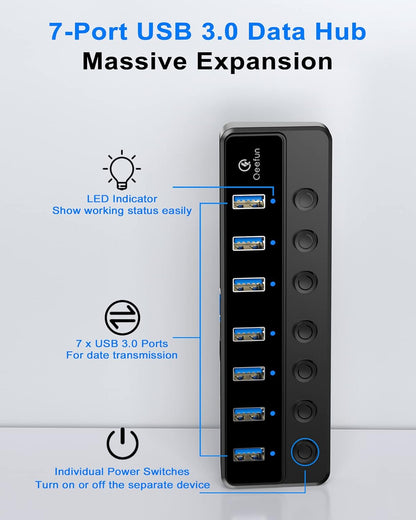 7-Port USB 3.0 Hub with 12V/2A Power Adapter and Individual LED Power Switches for Mini PC, Notebook, Surface Pro, MacBook Pro/Air M1/M2