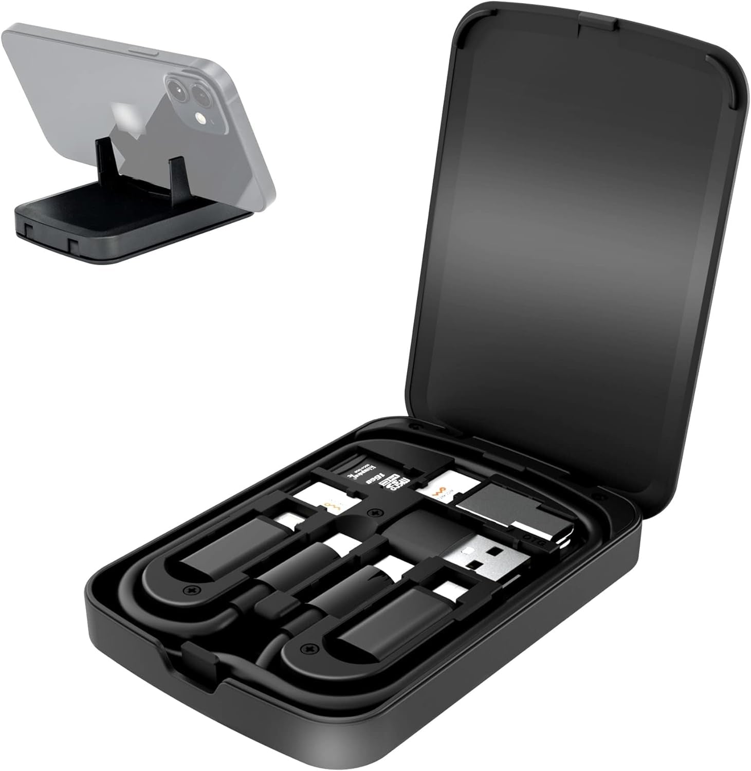Multi-Functional Compact Cable Organizer with 22" USB-C Cable and USB-A/Micro-USB/Lightning/OTG Adapter Kit for Travel and Data Transfer