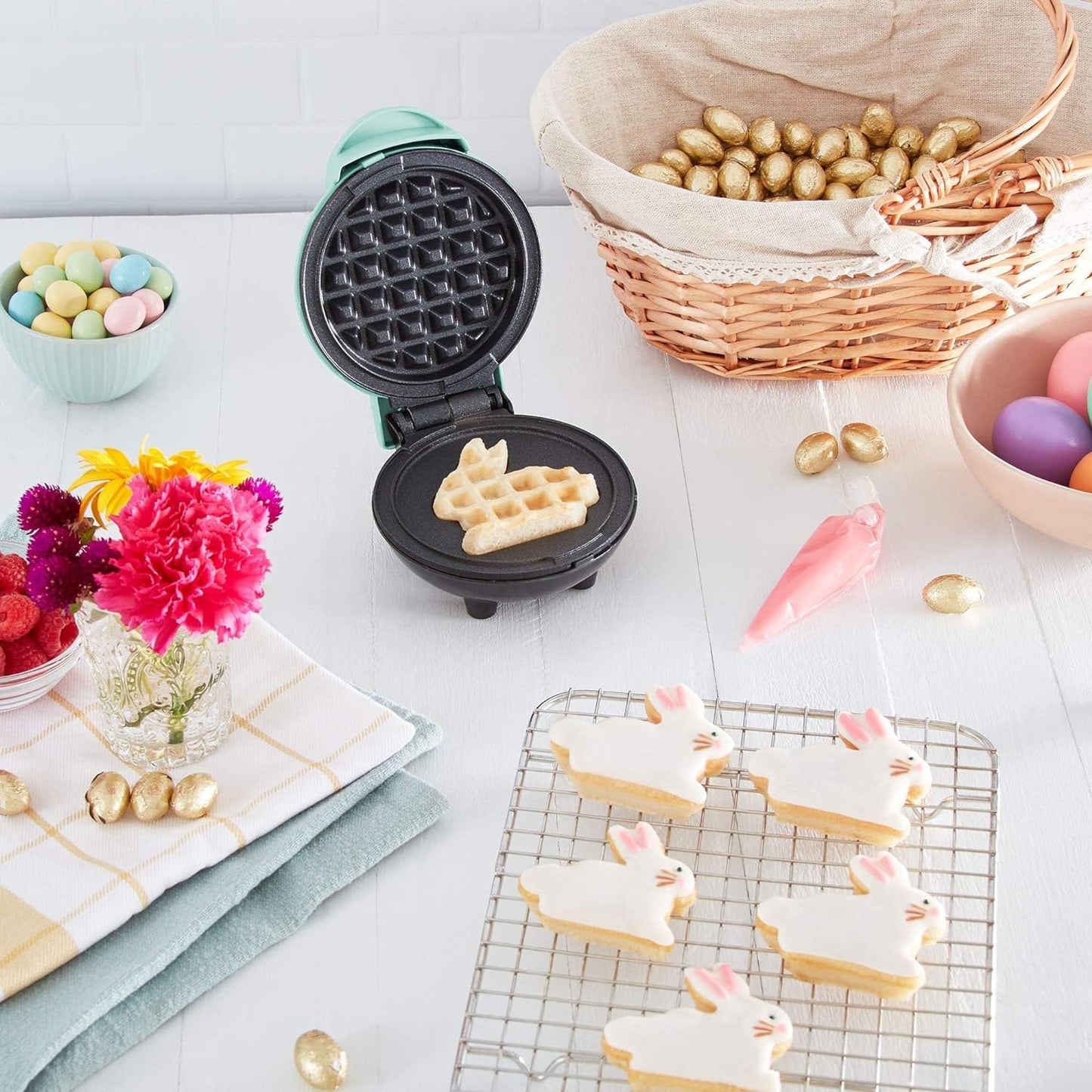 Mini Waffle Maker Machine - Compact 4" Appliance for Individual Waffles, Paninis, Hash Browns, and On-the-Go Meals in Aqua