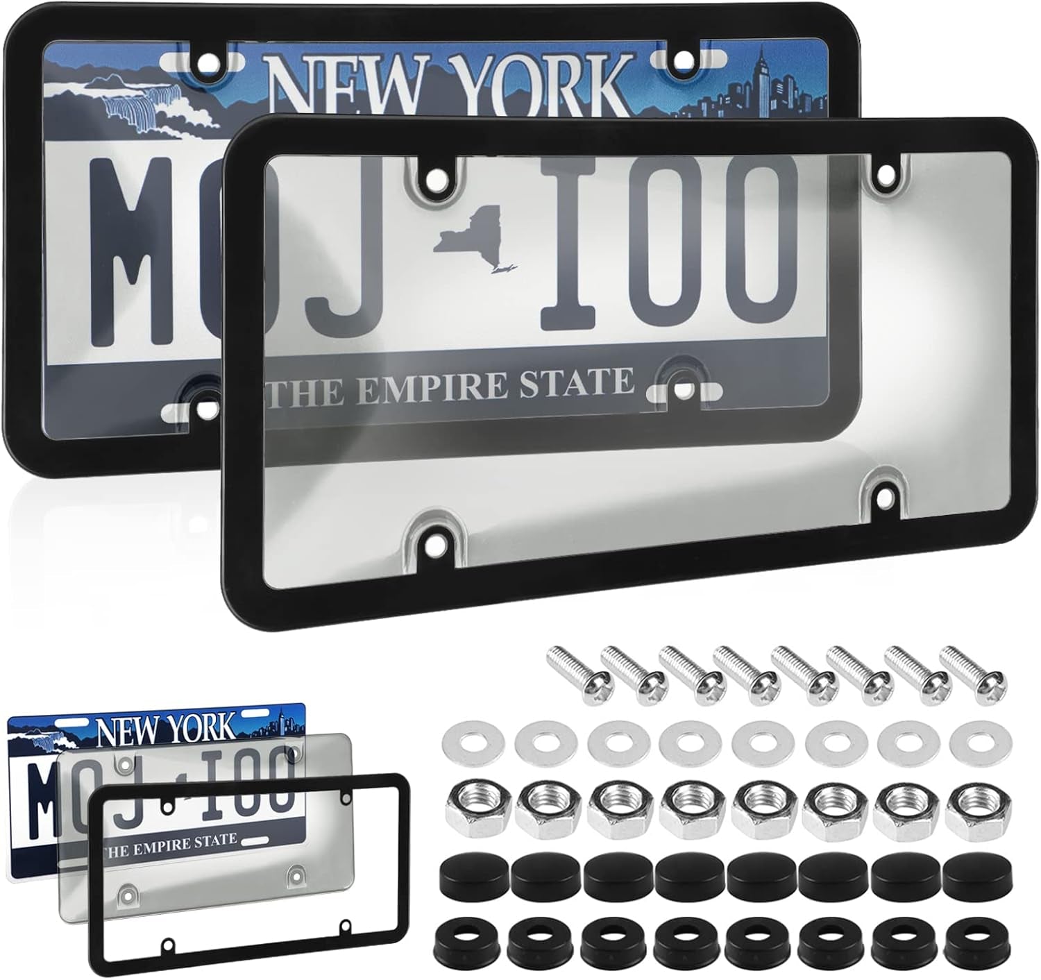 2-Pack Unbreakable Smoked License Plate Covers - Bubble Design - Tinted Frame Shield, Standard US Plates, Screws, Caps
