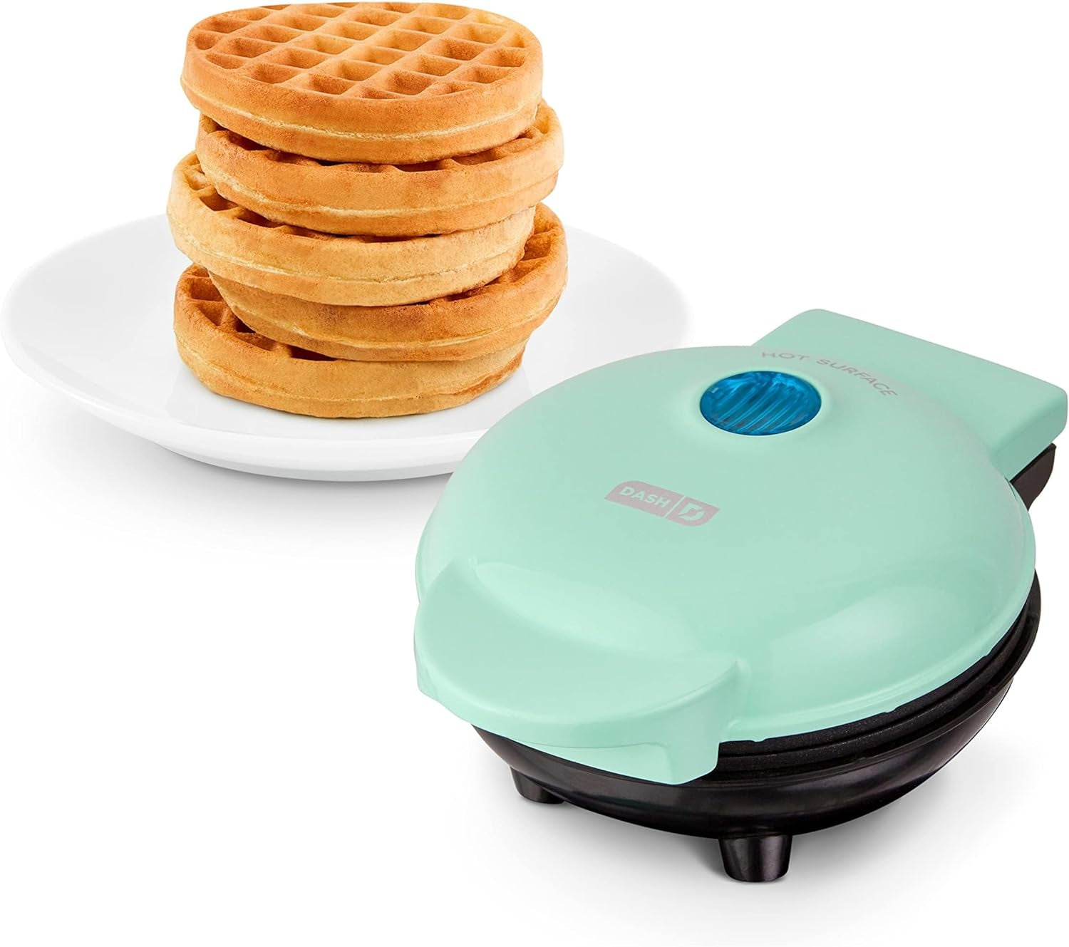 Mini Waffle Maker Machine - Compact 4" Appliance for Individual Waffles, Paninis, Hash Browns, and On-the-Go Meals in Aqua