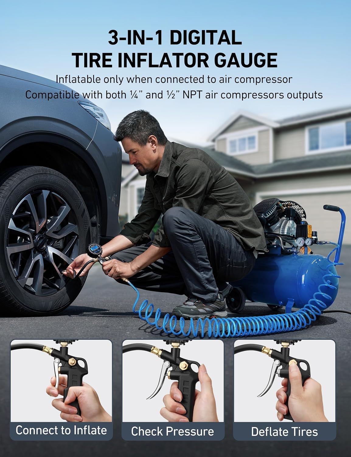 Digital Tire Pressure Gauge | Inflator, 250 PSI Air Chuck - Compressor Accessories Heavy Duty - Quick Connect Coupler, 0.1 Display Resolution