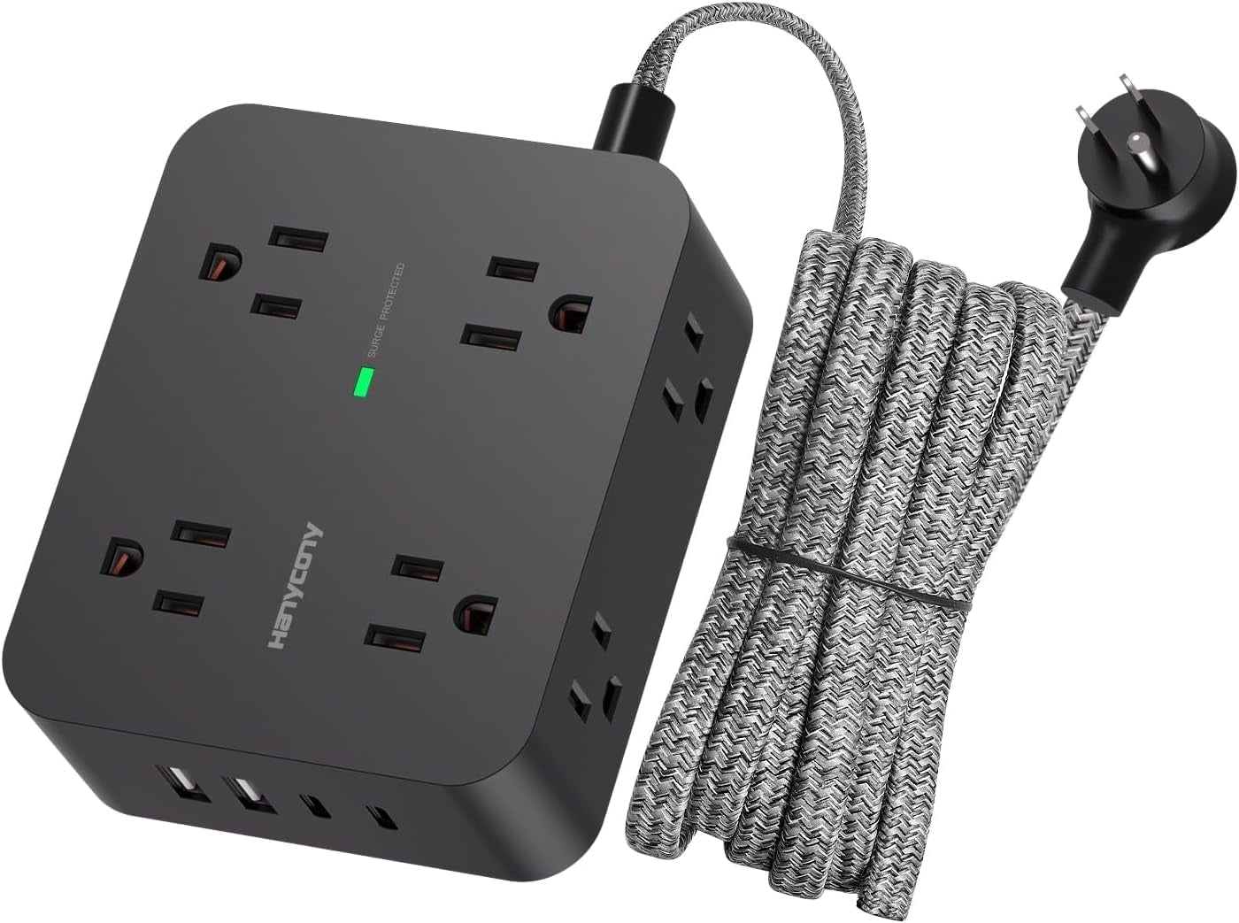 Surge Protector Power Strip -8 Outlets, 4 USB Charging Ports (2 USB-C), 3-Sided Outlet Extender, 5 Ft Braided Extension Cord, Flat Plug, Wall Mount, and Desk Charging Station