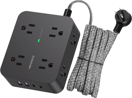 Surge Protector Power Strip -8 Outlets, 4 USB Charging Ports (2 USB-C), 3-Sided Outlet Extender, 5 Ft Braided Extension Cord, Flat Plug, Wall Mount, and Desk Charging Station