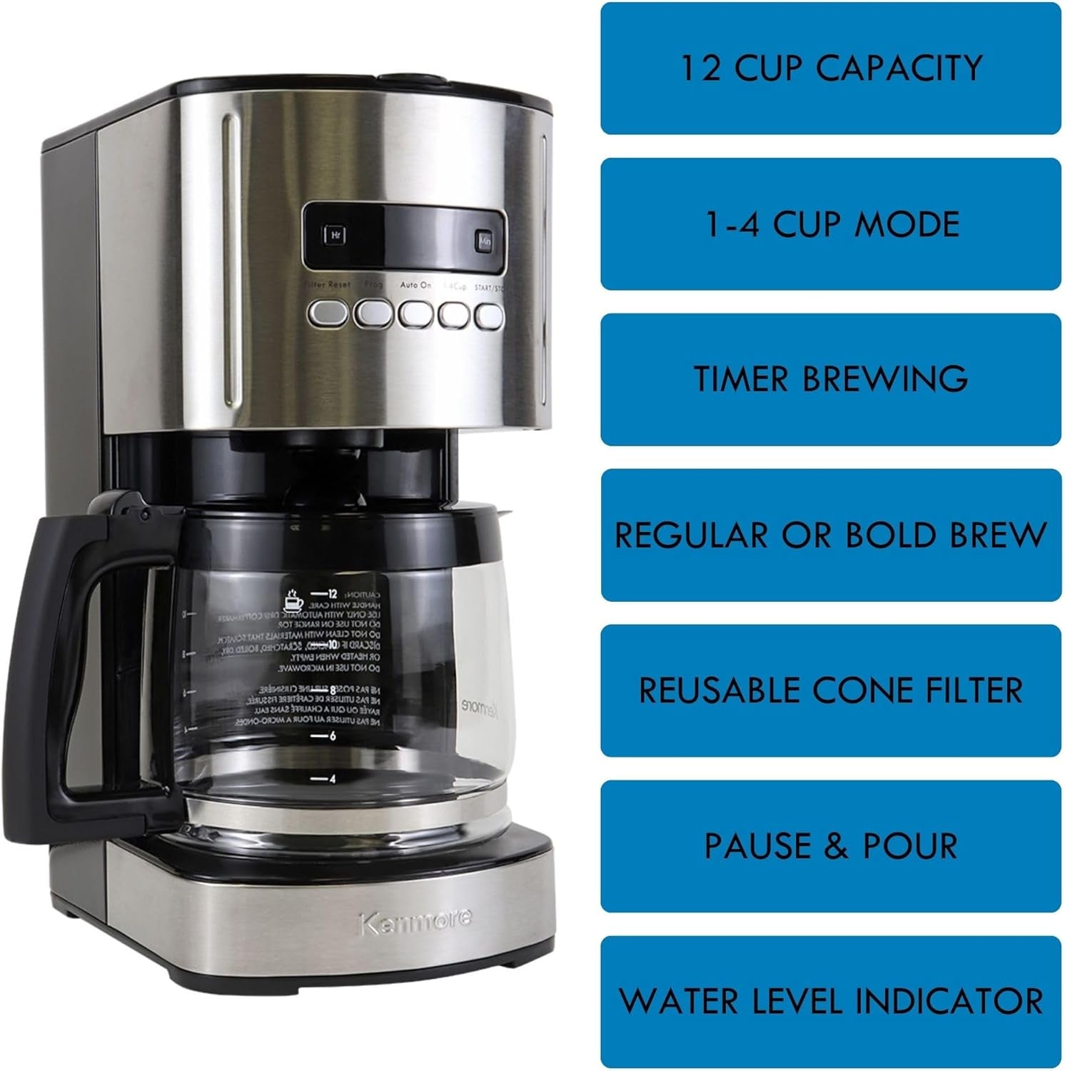 Kenmore Coffee Maker 12 Cup Drip Coffee Machine Reusable Filter Programmable Timer Digital Display Aroma Control Glass Carafe Charcoal Water Filter Regular Bold Stainless Steel and Black