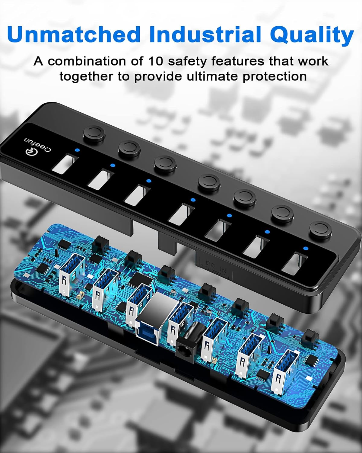 7-Port USB 3.0 Hub with 12V/2A Power Adapter and Individual LED Power Switches for Mini PC, Notebook, Surface Pro, MacBook Pro/Air M1/M2