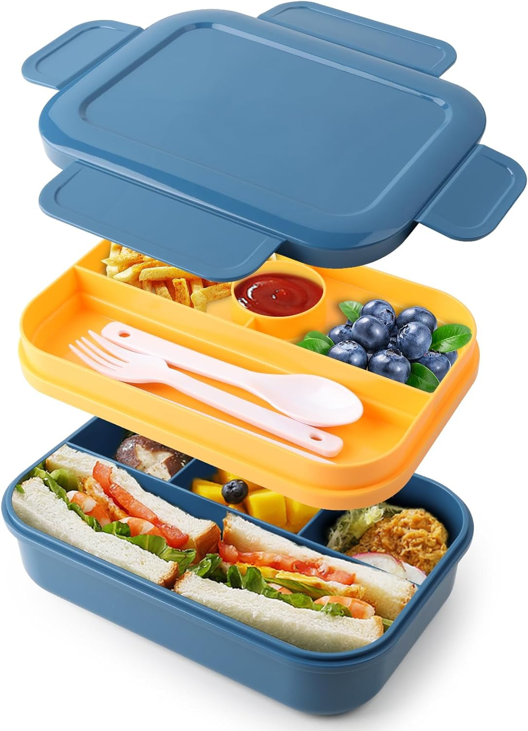 Lunch Box - 2000 ML Stackable Container - 8 Compartments, Leak-Proof Design, Built-In Sauce Container, Utensils Included - Blue