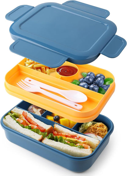 Lunch Box - 2000 ML Stackable Container - 8 Compartments, Leak-Proof Design, Built-In Sauce Container, Utensils Included - Blue
