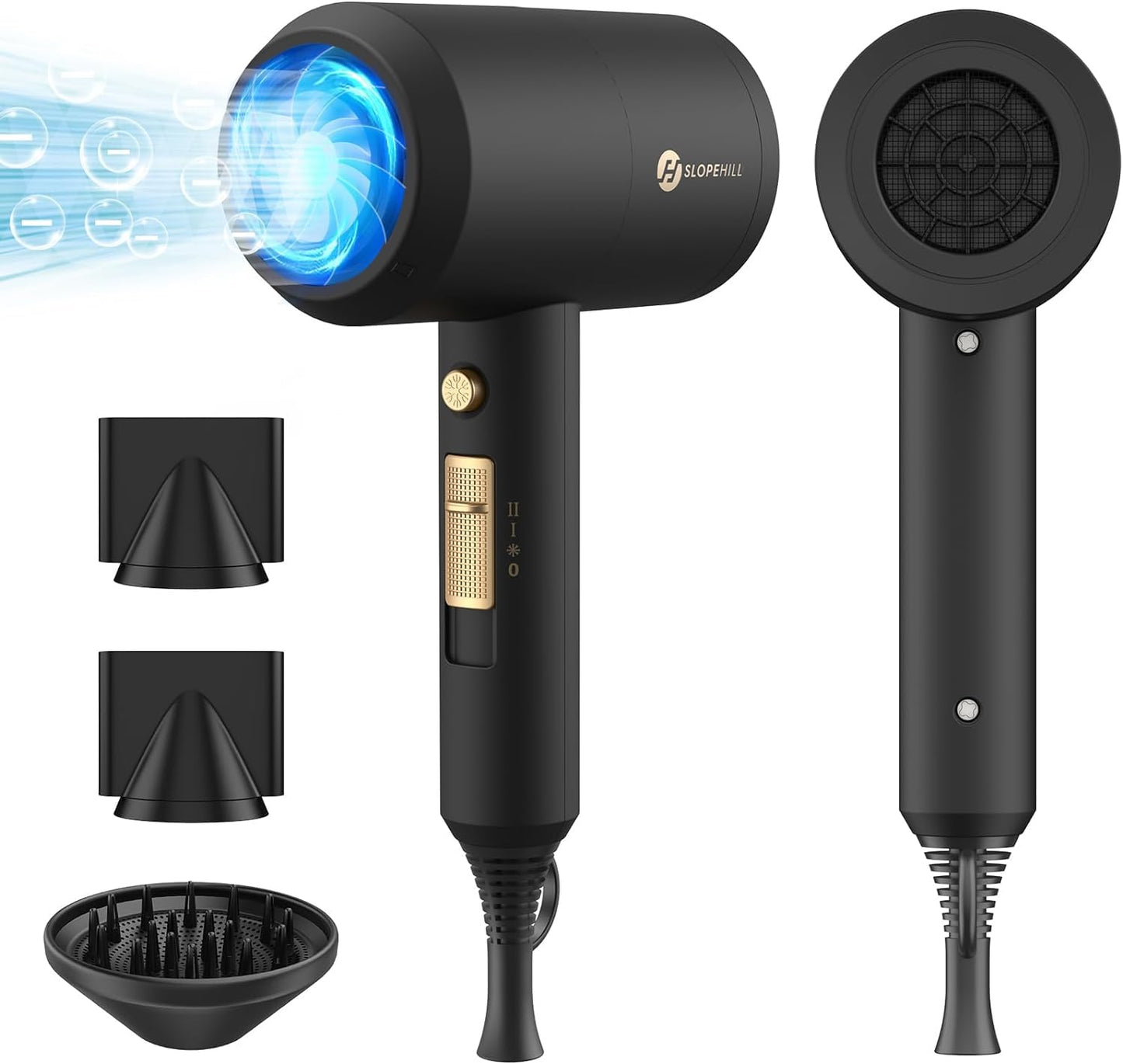 Ionic Hair Dryer - 1800W Professional Fast-Drying Blow Dryer with Low Noise, 2 Concentrator Nozzles, and 1 Diffuser Attachment