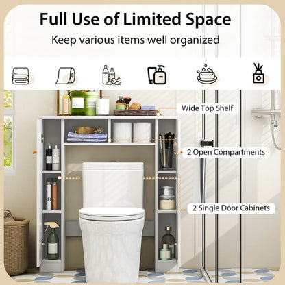 Over-the-Toilet Storage Cabinet with Dual Open Compartments and Four Adjustable Shelves