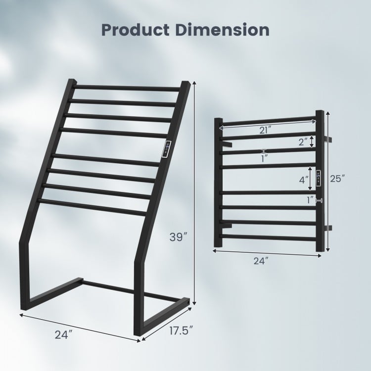 Freestanding Wall-Mounted Towel Warmer Rack with Eight Bars and LED Display