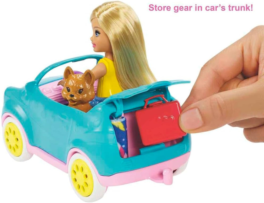 Chelsea Toy Car & Camper Playset with Blonde Chelsea Small Doll, Puppy, and 10+ Accessories - Unhitch and Open for Campsite Experience