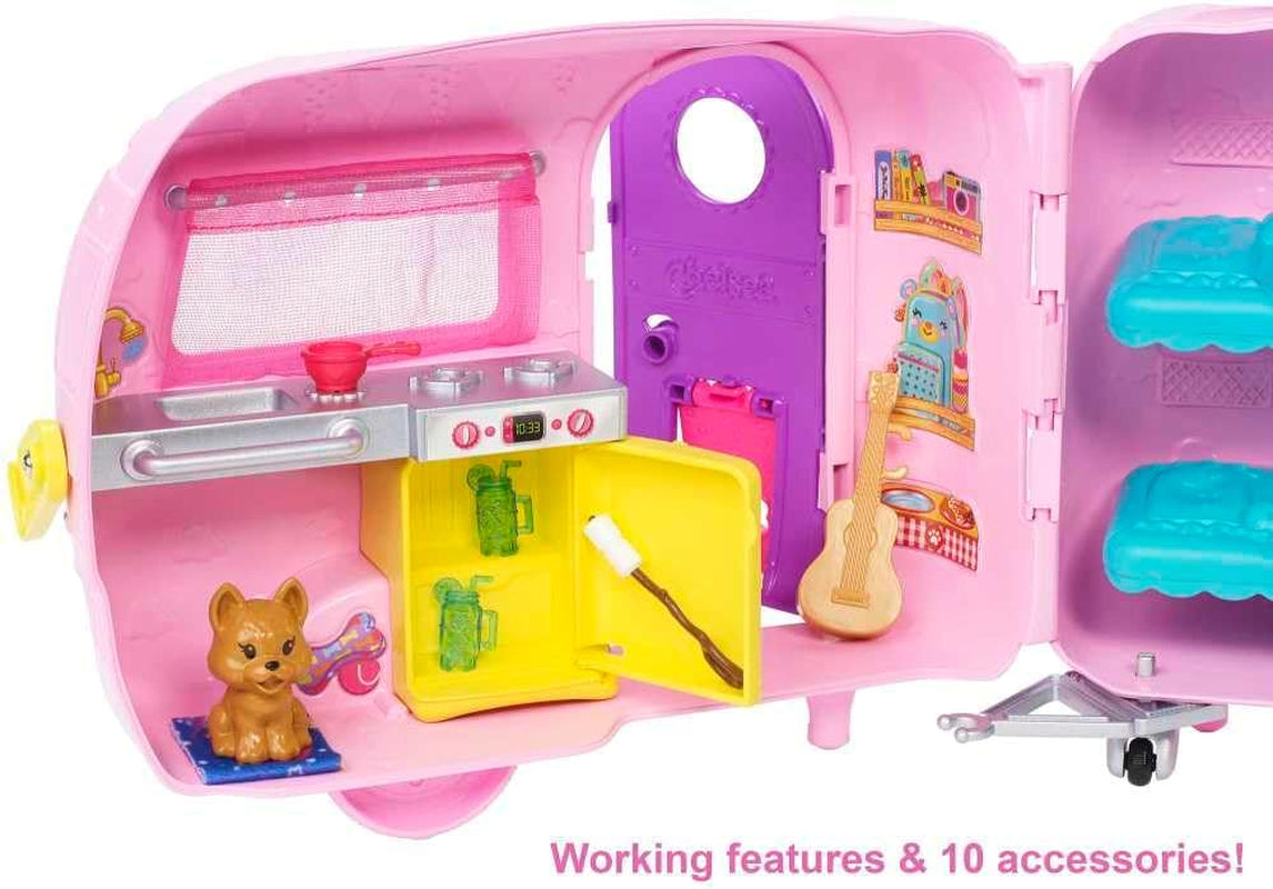 Chelsea Toy Car & Camper Playset with Blonde Chelsea Small Doll, Puppy, and 10+ Accessories - Unhitch and Open for Campsite Experience