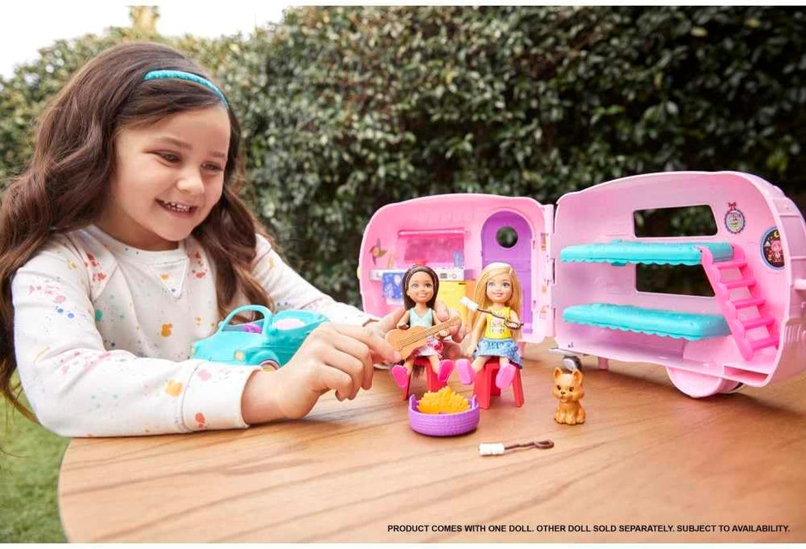 Chelsea Toy Car & Camper Playset with Blonde Chelsea Small Doll, Puppy, and 10+ Accessories - Unhitch and Open for Campsite Experience