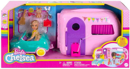 Chelsea Toy Car & Camper Playset with Blonde Chelsea Small Doll, Puppy, and 10+ Accessories - Unhitch and Open for Campsite Experience