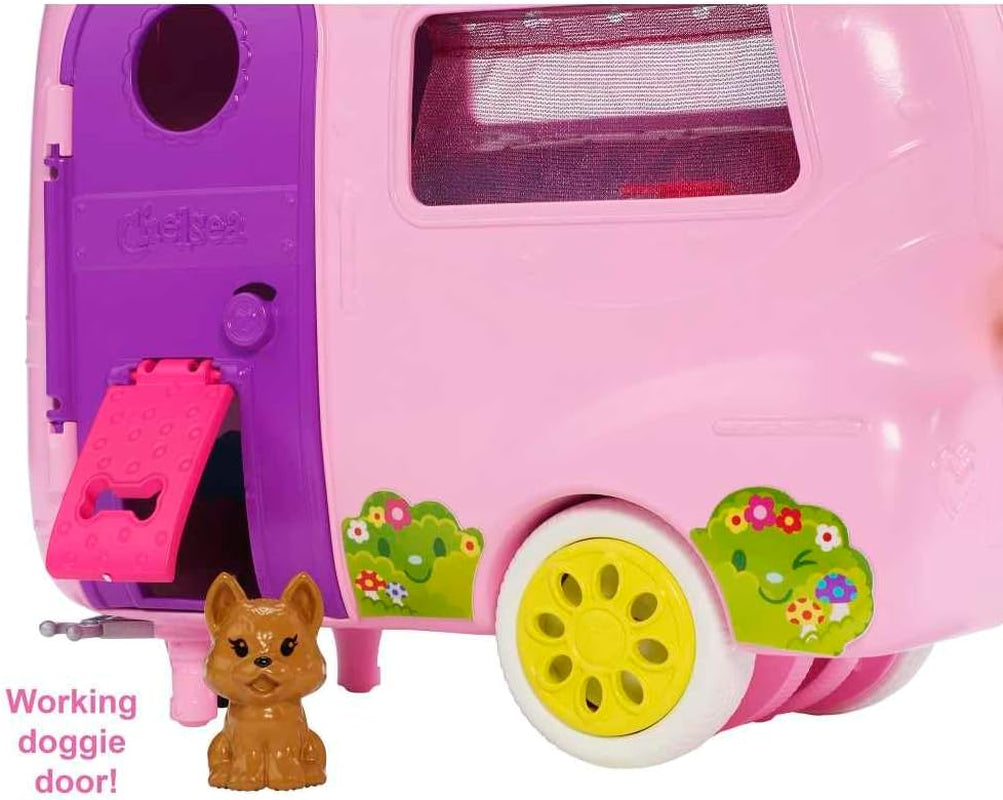 Chelsea Toy Car & Camper Playset with Blonde Chelsea Small Doll, Puppy, and 10+ Accessories - Unhitch and Open for Campsite Experience