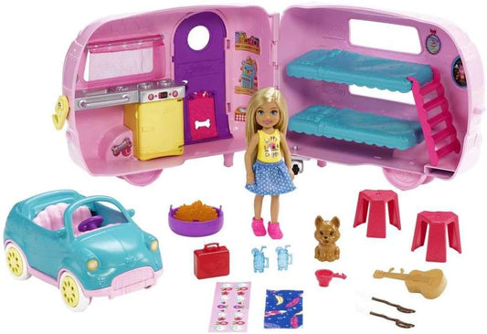 Chelsea Toy Car & Camper Playset with Blonde Chelsea Small Doll, Puppy, and 10+ Accessories - Unhitch and Open for Campsite Experience