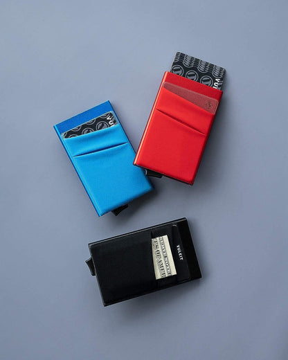 RFID Blocking Card Holder with Pop-Up Money Pocket, Slim Metal Bank Card Case for 5 Cards and Notes